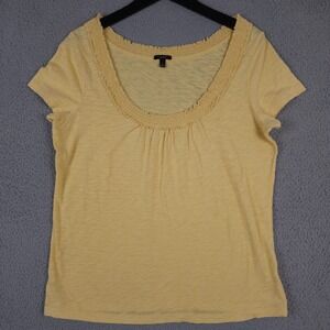 Talbots Shirt Womens Large Yellow Smocked Scoop Neck Cap Sleeve Slub Top Tee
